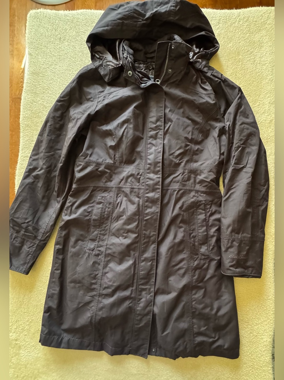 Eddie Bauer Dark Brown Hooded Trench Coat with removable lining.